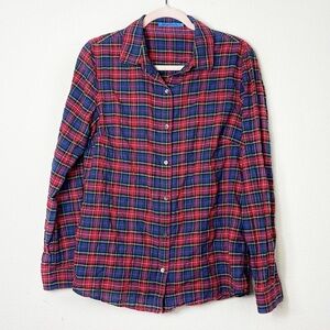 J. McLaughlin Crinkle Button Down Long Sleeve Shirt Size M Plaid Red Blue